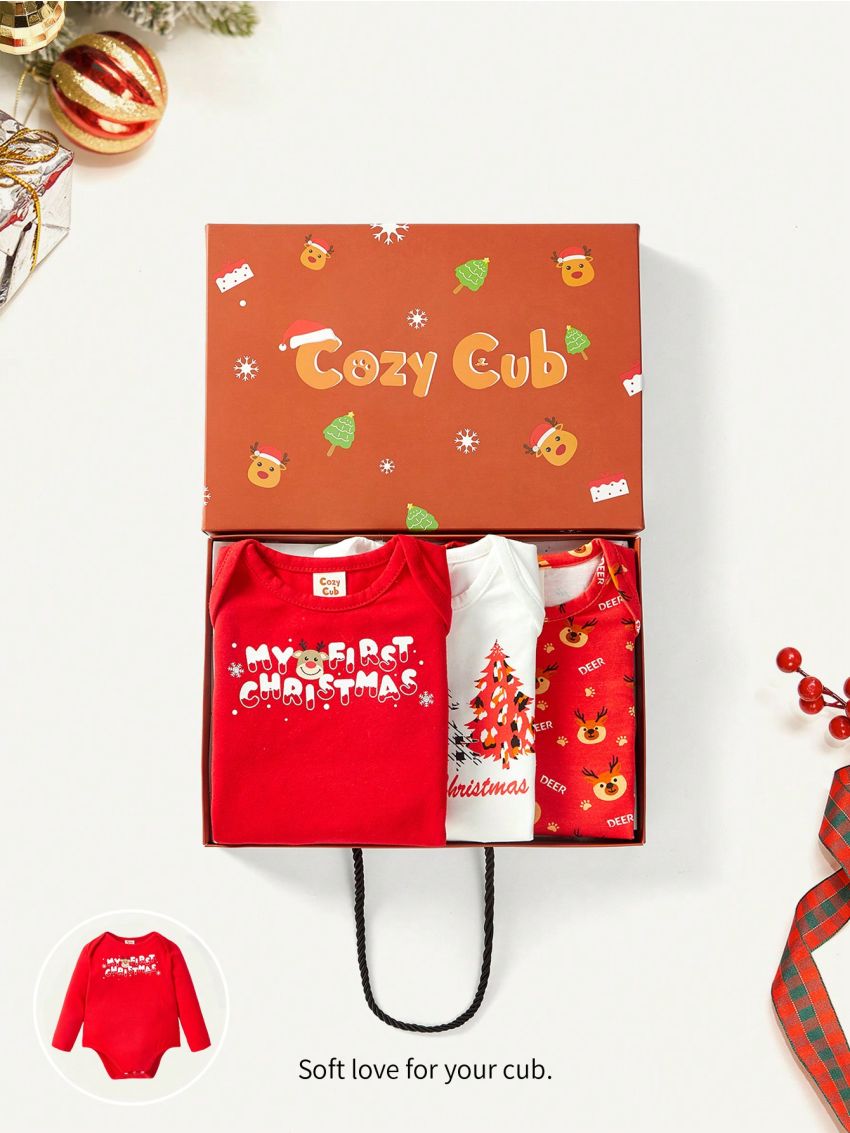 Cozy Cub Baby Boy 3pcs Christmas Print Gift Box Bodysuit