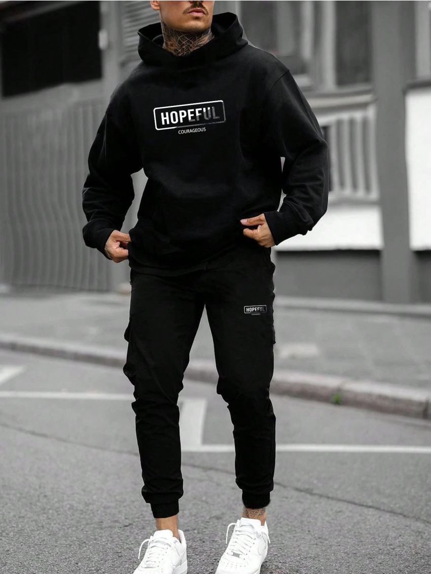 Manfinity Hypemode Men's Letter Pattern Hooded Sweatshirt And Sports Pants Set