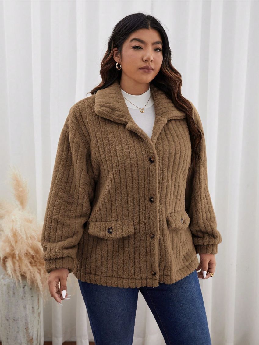 SHEIN Frenchy Plus Size Teddy Fleece Jacket With False Pockets And Drop Shoulder Sleeves