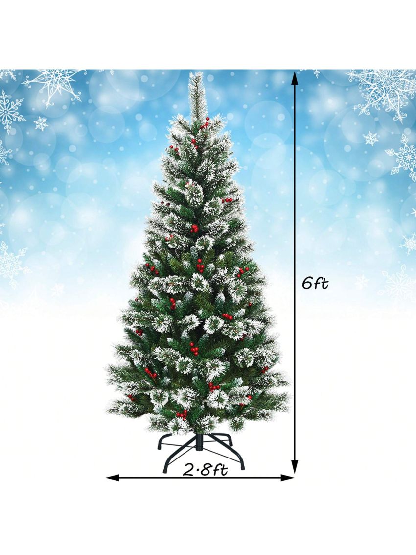 Gymax 6 FT Artificial Christmas Tree Snow Flocked Hinged Tree w/ Red Berries