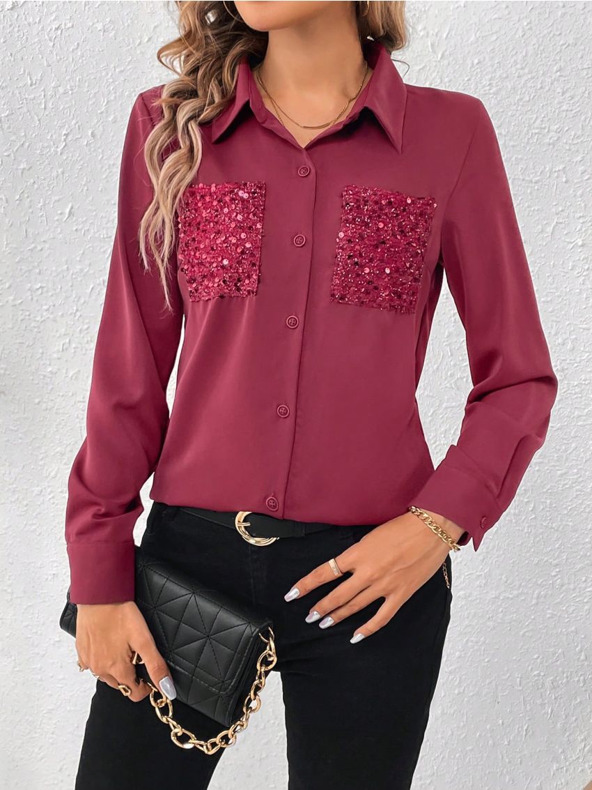 Women'S Patchwork Sparkly Pocket Shirt