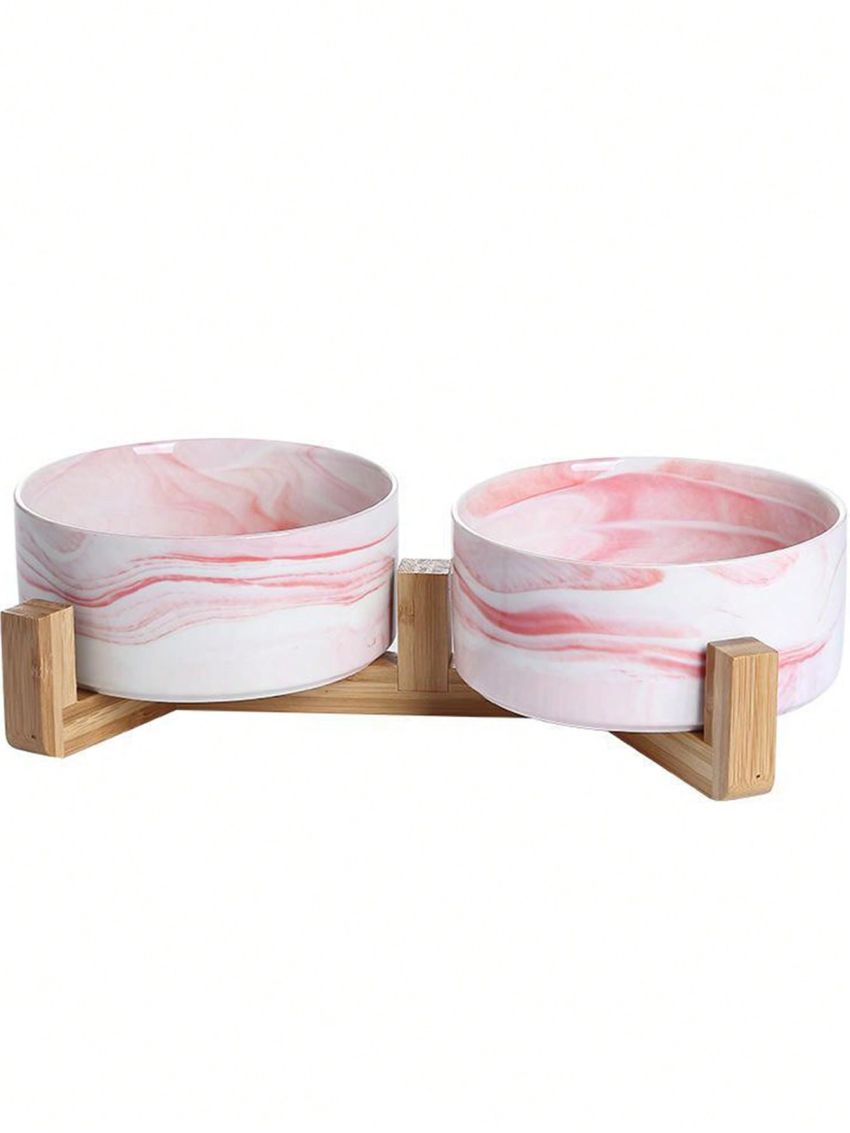 1pc Pet Feeder & Waterer Ceramic Bowl With Wooden Stand, Single/double Bowl For Cats & Dogs - Home Use