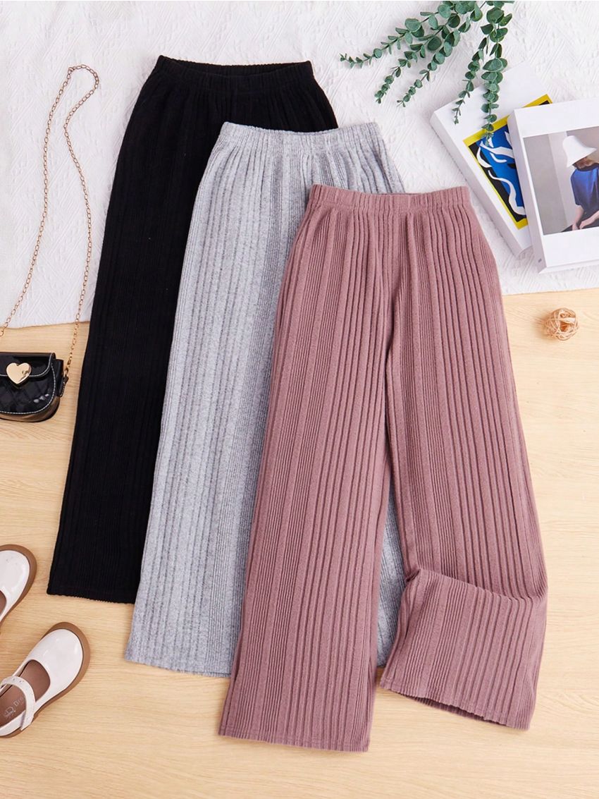 SHEIN Kids Nujoom Tween Girls Loose Knitted Wide Leg Multi-Piece Pants Trousers