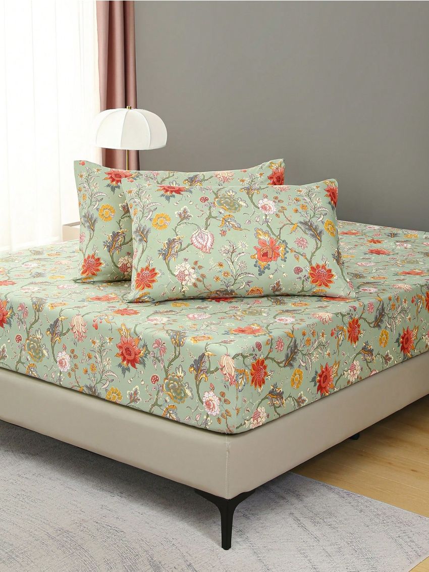 3pcs Fitted Sheet Set, 90g Polyester Flannelette, Plant And Floral Element Patterns, 1 Fitted Sheet And 2 Pillowcases