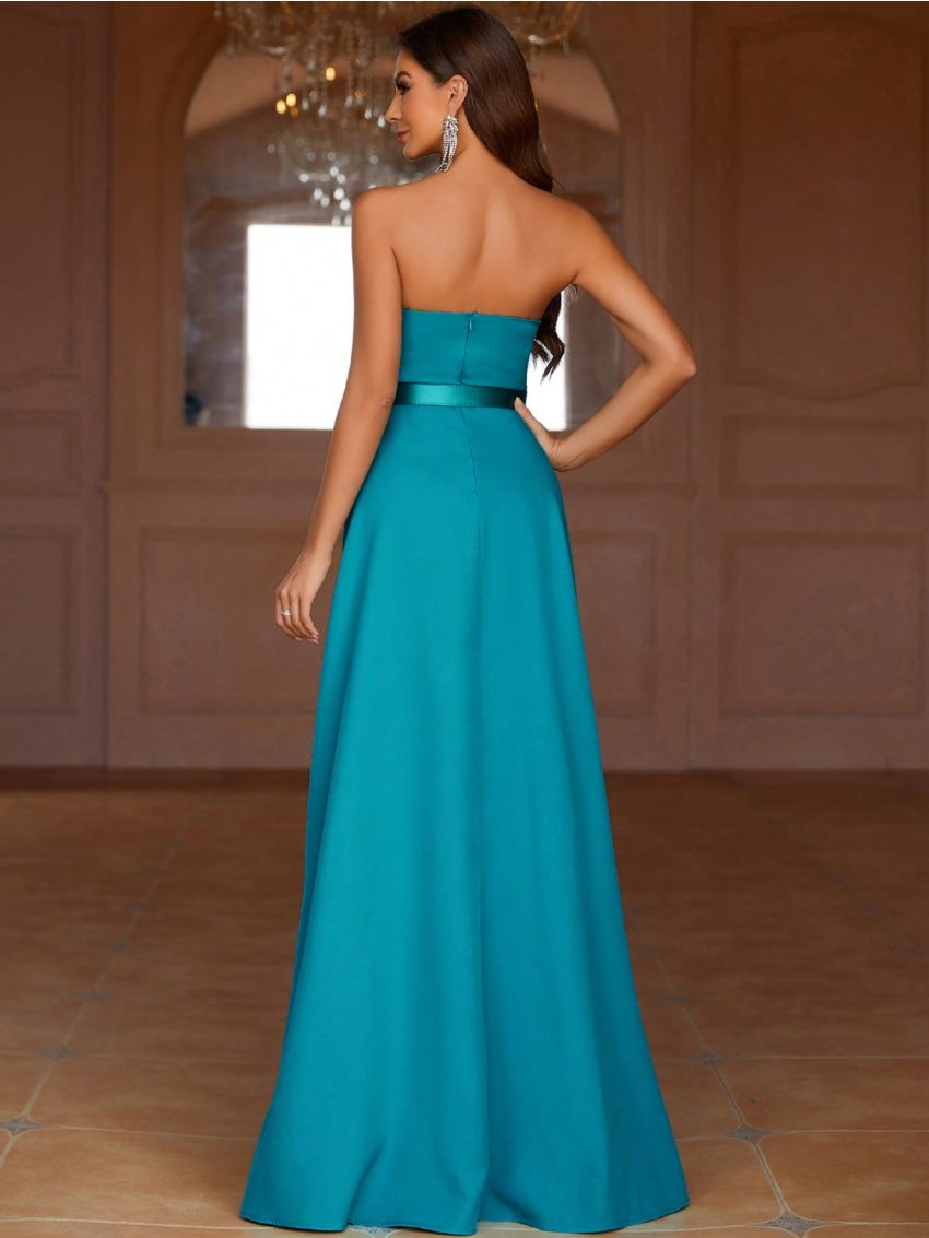 SHEIN Belle Satin Panel Belted Strapless Prom Dress