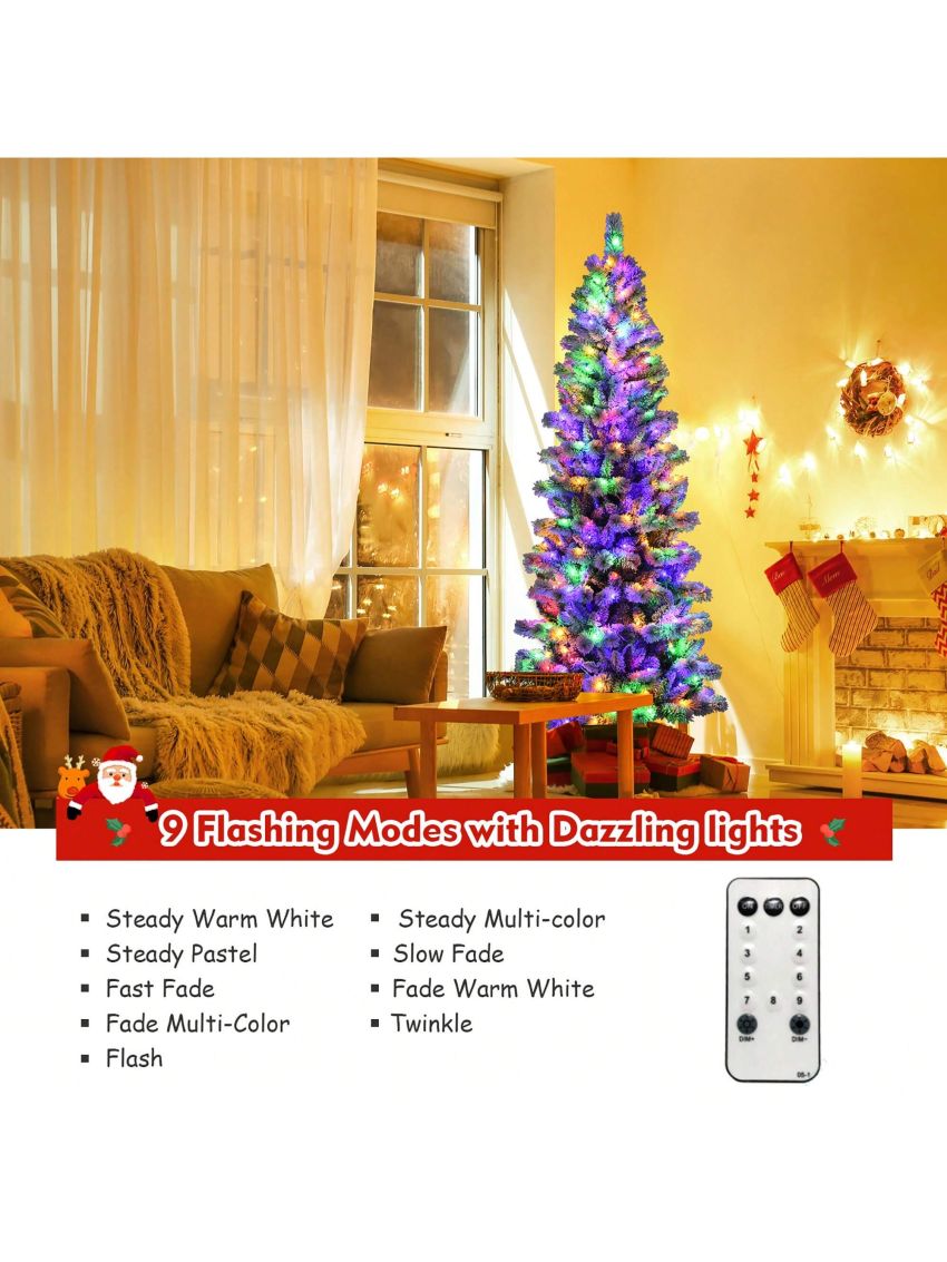 Costway 7.5FT Pre-Lit Hinged Christmas Tree Snow Flocked w/9 Modes Remote Control Lights