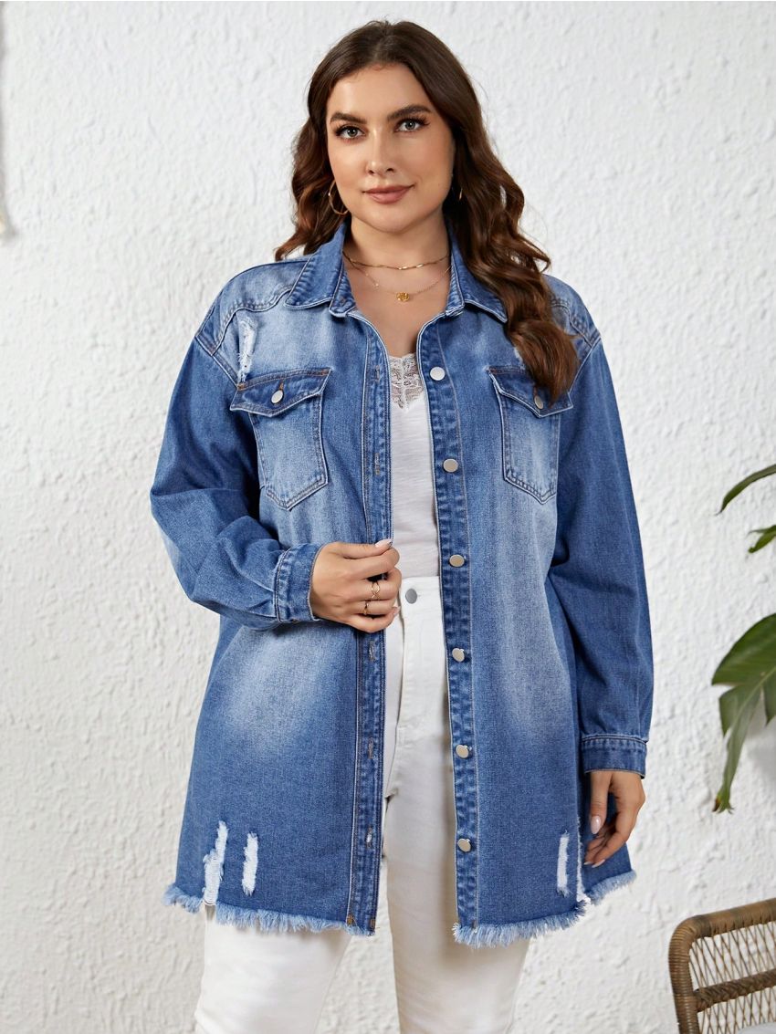 Plus Size Washed Denim Jacket With Frayed Hem Detail