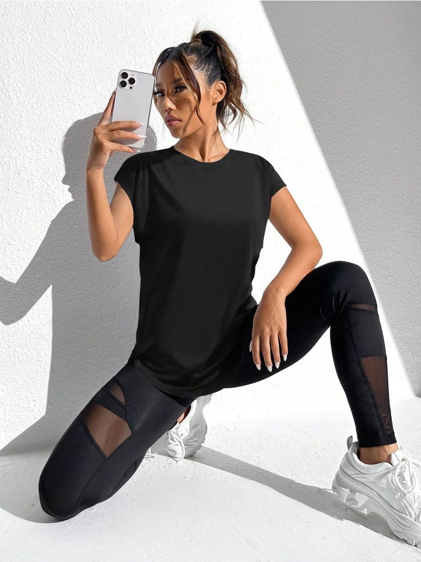 SHEIN Daily&Casual Solid Color Batwing Sleeve Sports T-Shirt