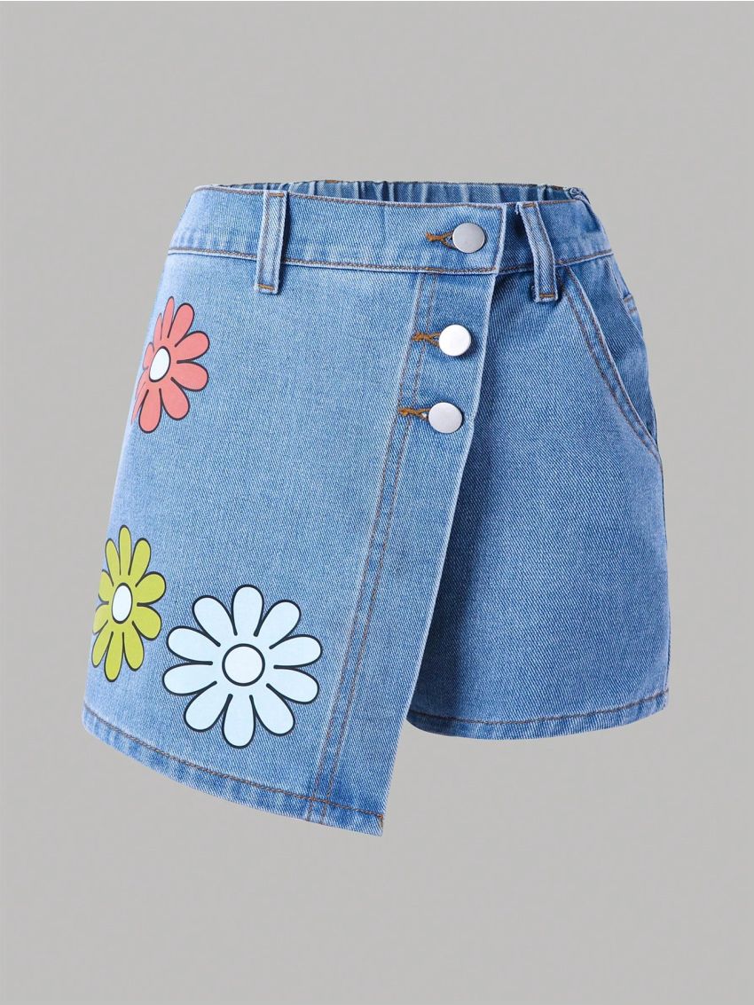 Girls' Casual Elastic Waist Button-Front Denim Skirt With Cute Flower Pattern Print, Light Blue Wash