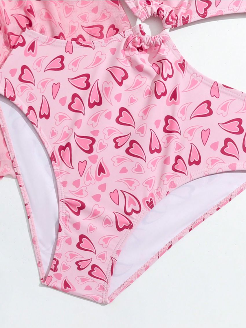 Teenage Girls' Heart Print Hollow Out One Piece Swimsuit