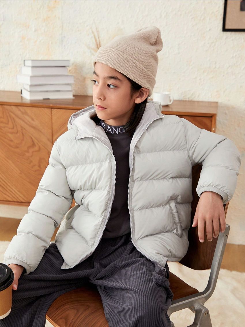 SHEIN Tween Boy Slant Pockets Hooded Puffer Coat
