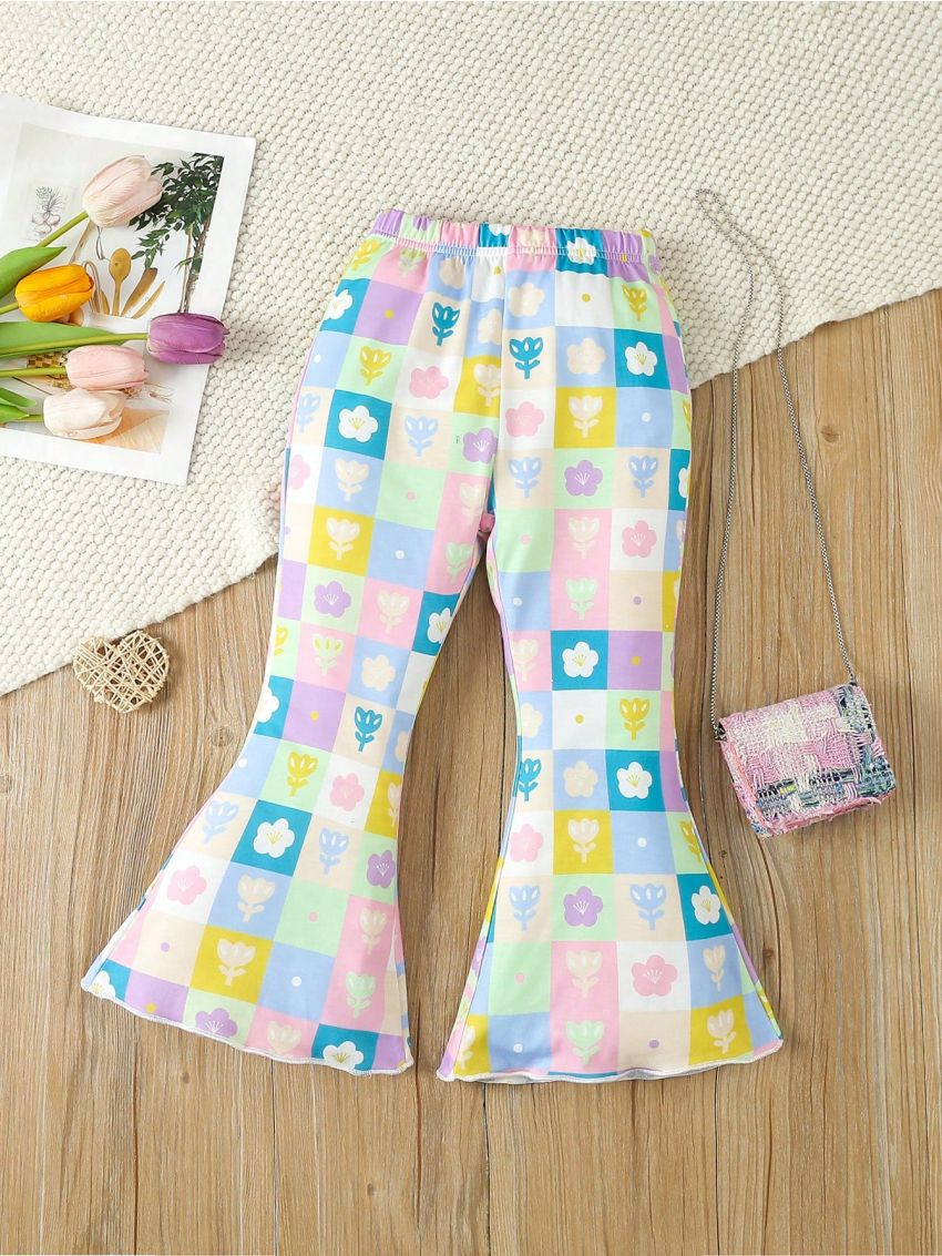 SHEIN Kids QTFun Girls' Flare Pants With Flower Print