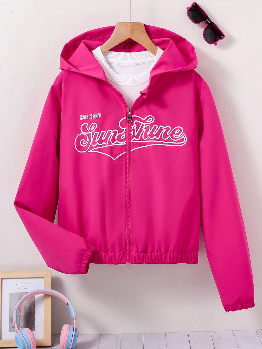 Teenage Girls' Letter Printed Zipper Front Hooded Jacket
