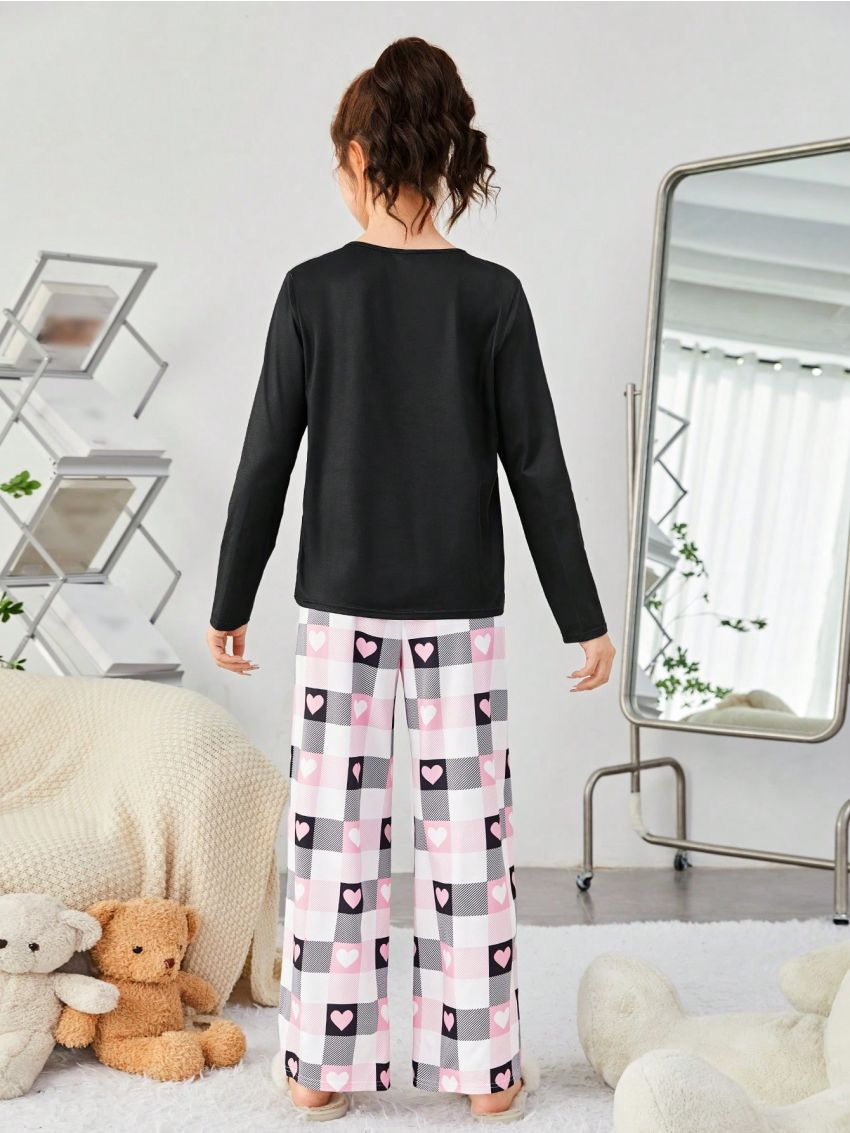 SHEIN Teen Girls' Knitted Heart Slogan Pattern Round Neck T-Shirt And Long Pants Set