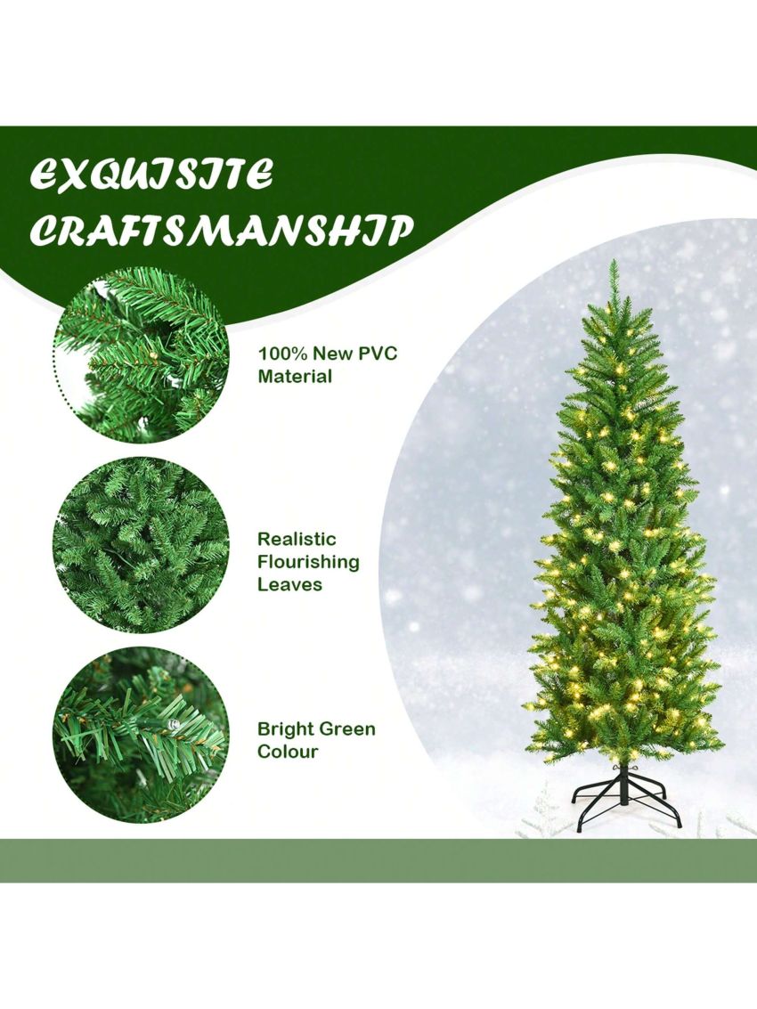 Gymax 6 ft Pre-lit Pencil Christmas Tree Hinged Fir Tree Holiday Decor w/ LED Lights