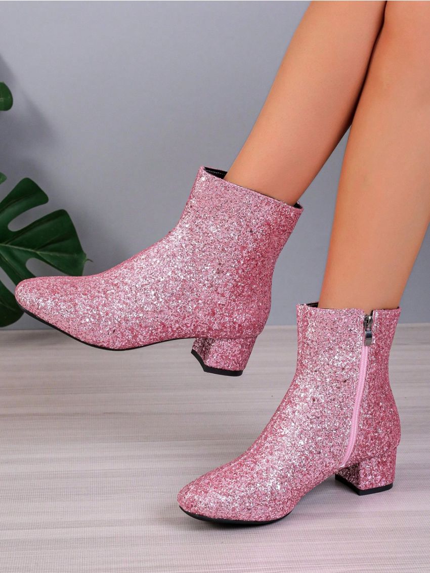 Ladies' Pointed Toe Pink Glitter Side Zipper Chunky Heel Western Style Short Boots, Winter New Arrivals All-match Slimming Fashionable Shoes For Women