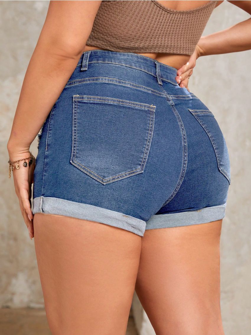 Plus Solid Ripped Roll Up Hem Denim Shorts