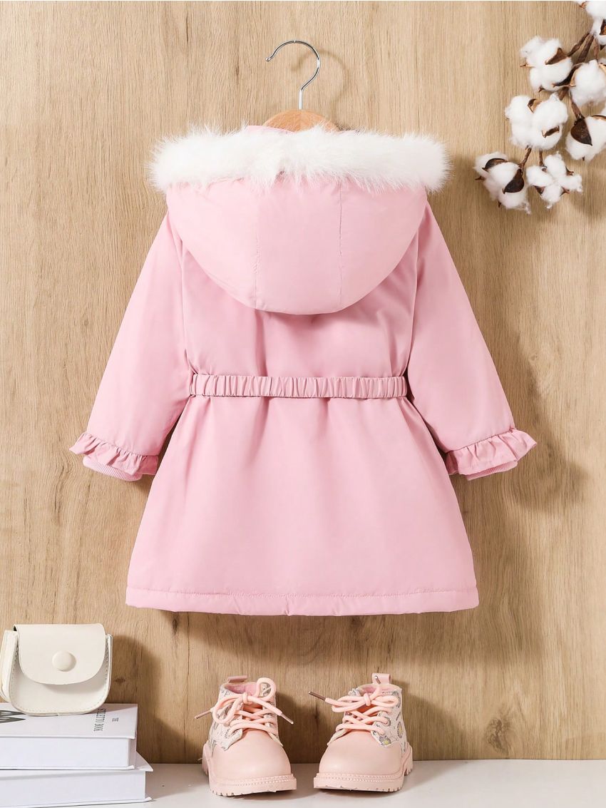 SHEIN Baby Girl Fuzzy Trim Hooded Belted Coat