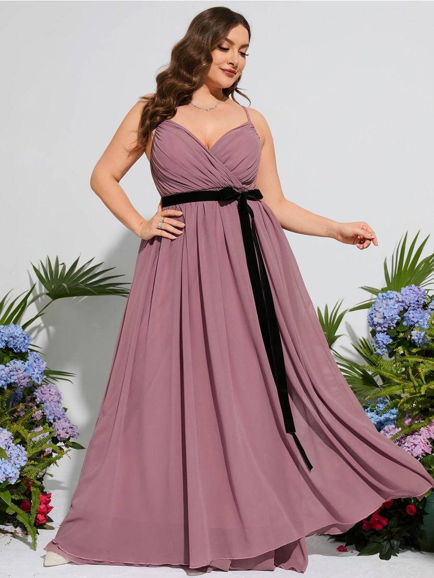 Plus Ruched Bust Belted Chiffon Maxi Cami Bridesmaid Dress
