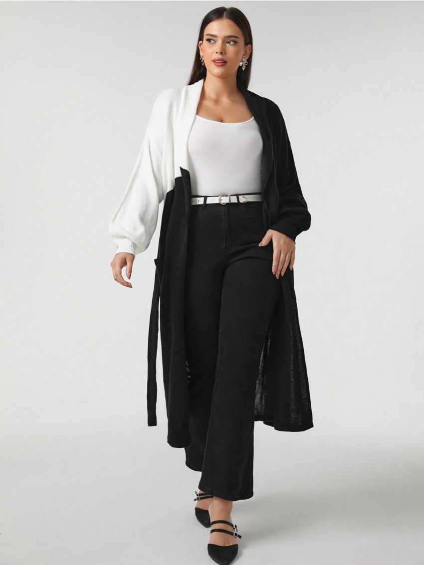 Sylvia Mollie Plus Two Tone Drop Shoulder Open Front Longline Cardigan