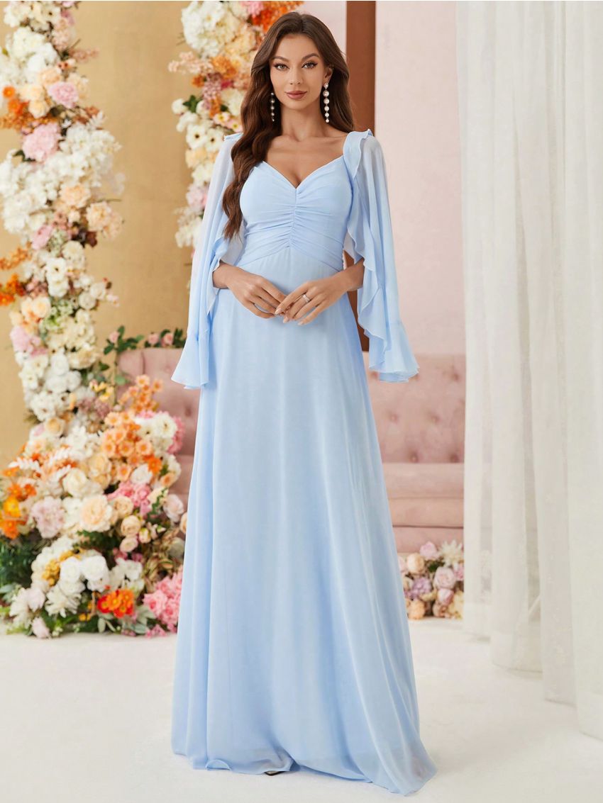 SHEIN Belle Adult Bridesmaid Dress With Layered Ruffled Hem, Pleated Bust And Umbrella Skirt Design