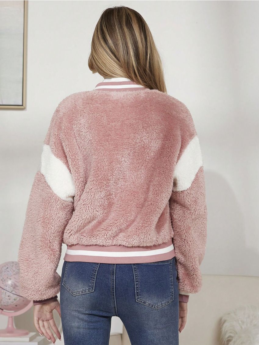 Teen Girl Contrast Panel Drop Shoulder Teddy Bomber Jacket