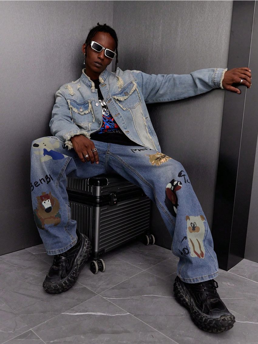 Manfinity Hypemode Men's Frayed Stand Collar Denim Jacket