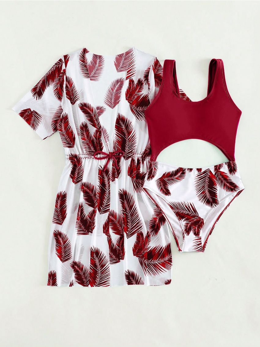 SHEIN Teen Girls' Two Piece Botanical Print One-Piece Swimsuit