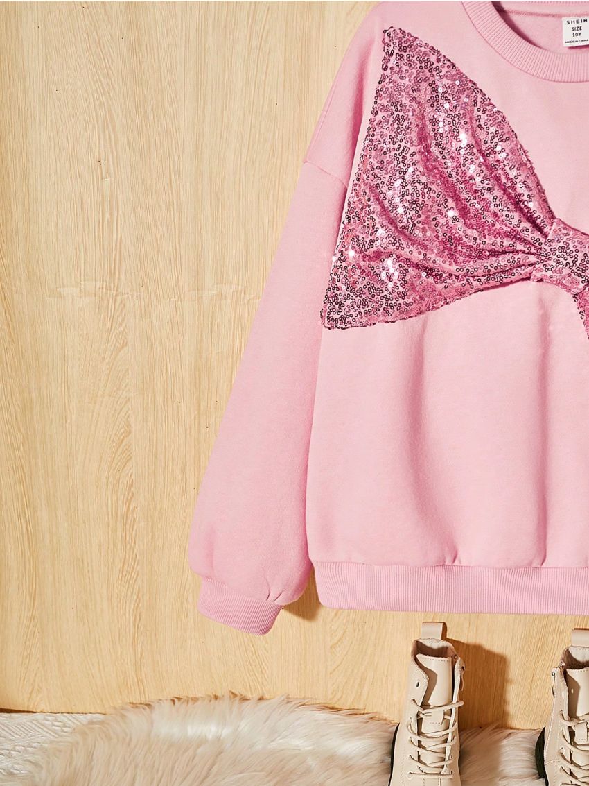 SHEIN Tween Girl Bow Front Sequin Decor Pullover