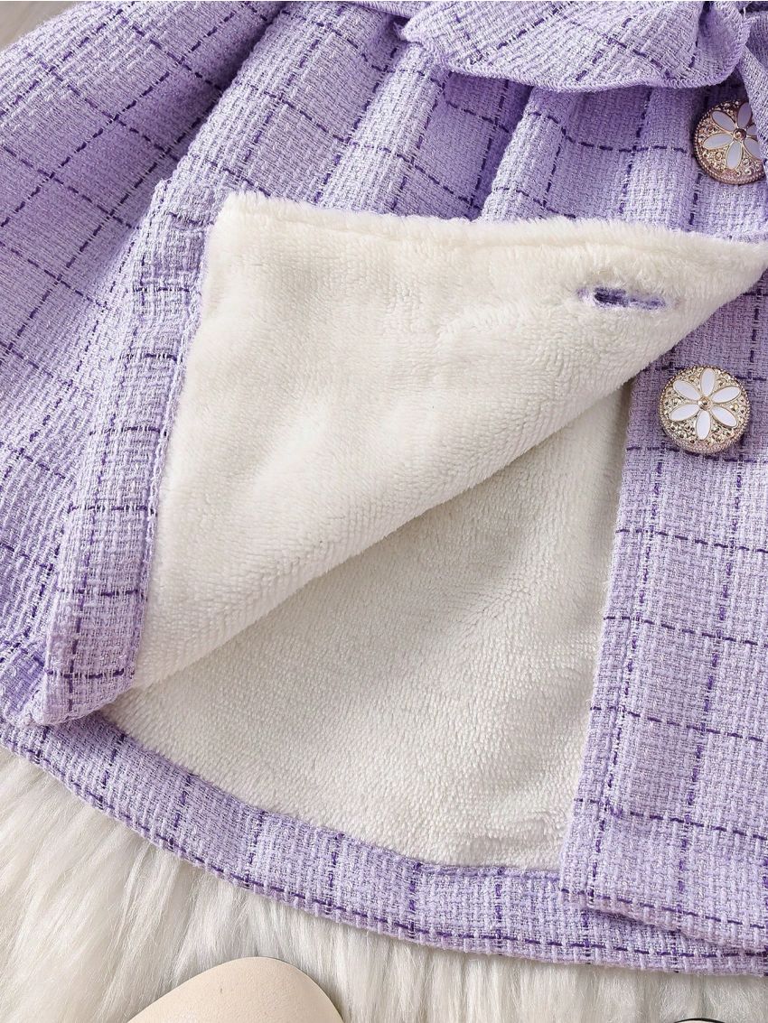 Infant Girls' Purple Plaid Coat With Bow And Collar, Party Outfits For Autumn/winter