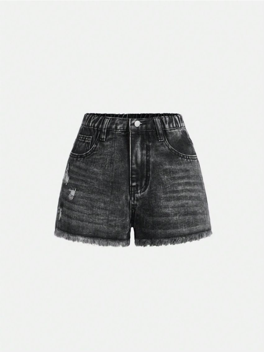 SHEIN Tween Girl Carbon Grey Y2k Frayed Snowflake Ripped Denim Shorts