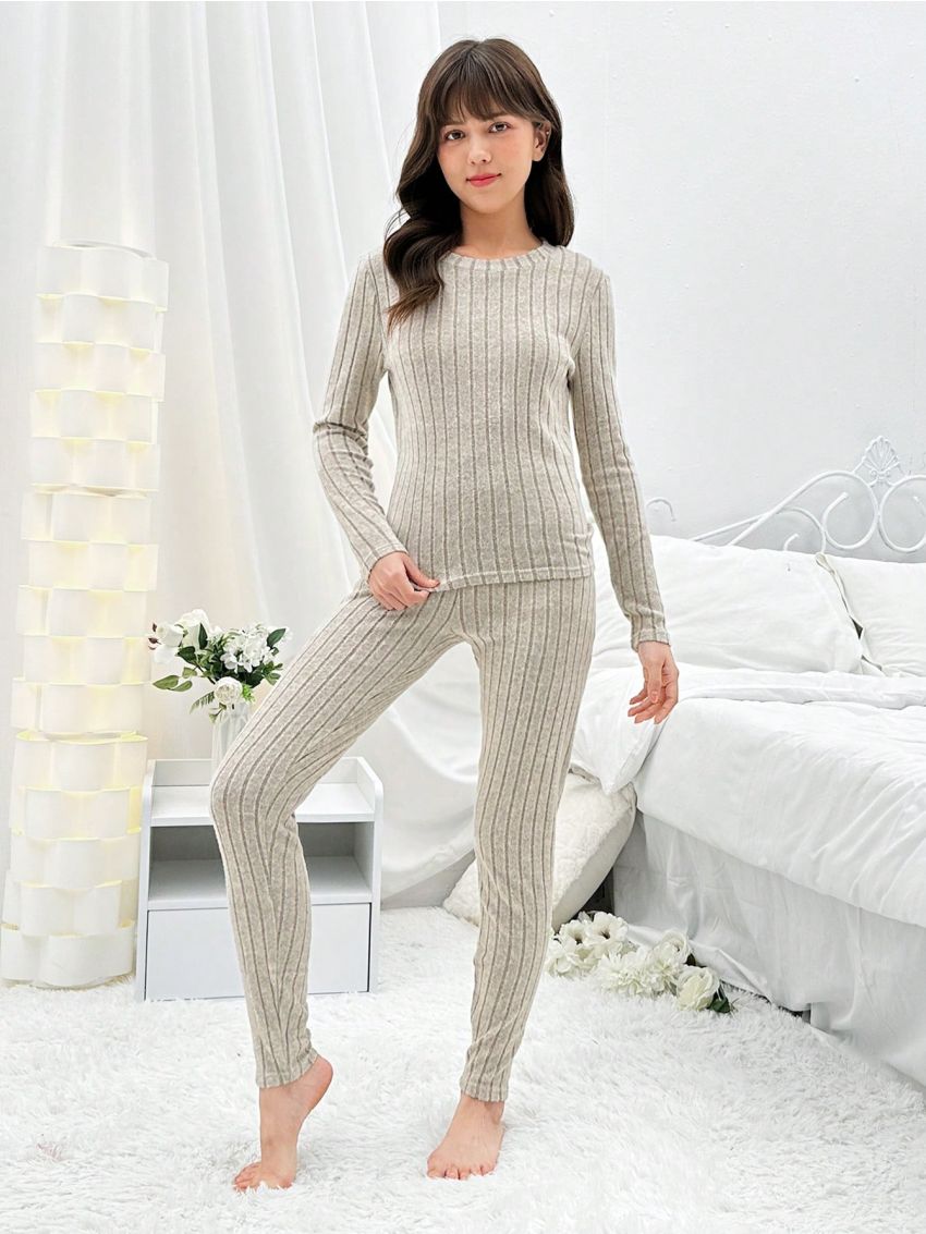 Fall Clothes New Arrival Striped Knit Solid Color Warm Homewear 2-piece Set