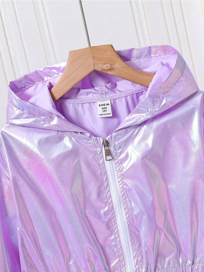 Teenage Girls' Elastic Waist Zipper Front Hooded Jacket