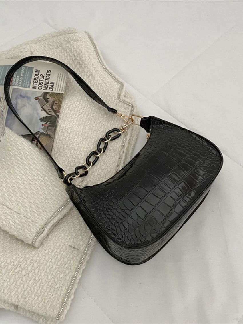 Crocodile Embossed Baguette Bag