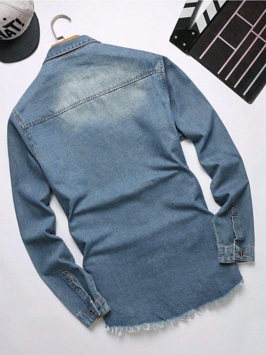 Manfinity Men Ripped Flap Pocket Denim Shirt Without Tee