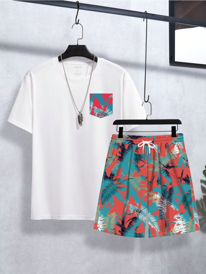 Men'S Coconut Tree Print Short Sleeve Set