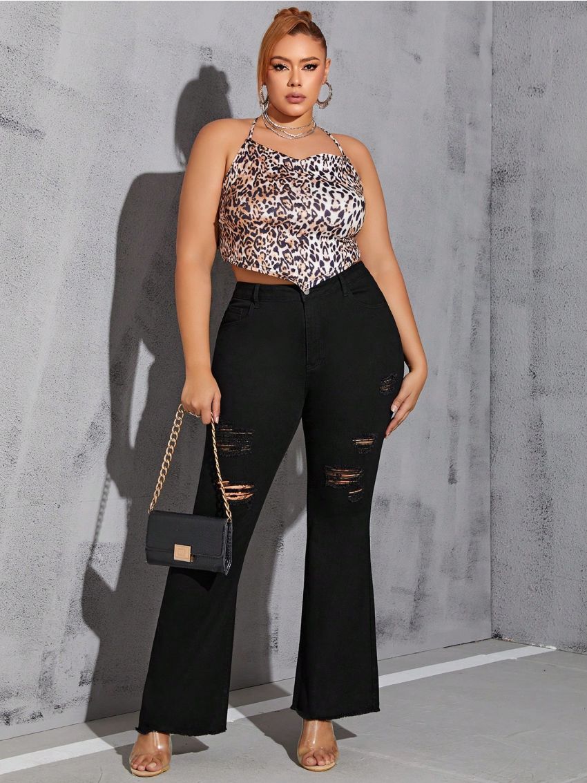 SHEIN SXY Plus Size Women's Distressed Flared Jeans