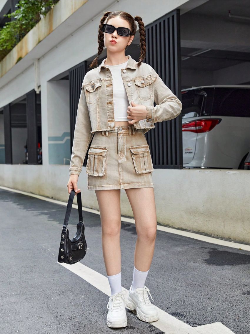 SHEIN Teen Girls' Casual Loose Fit Long Sleeve Turn-Down Collar Denim Jacket