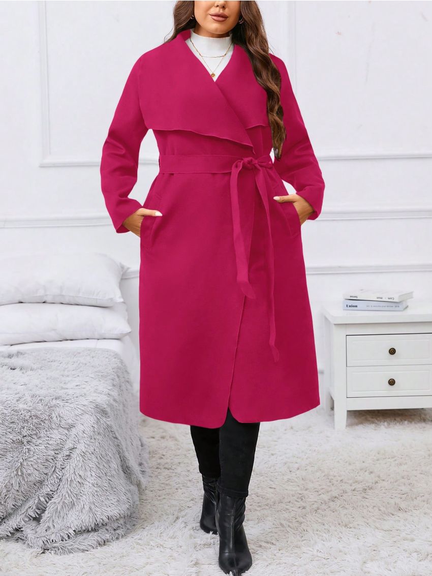 Plus Size Women's Waterfall Collar Front Open Wool Coat