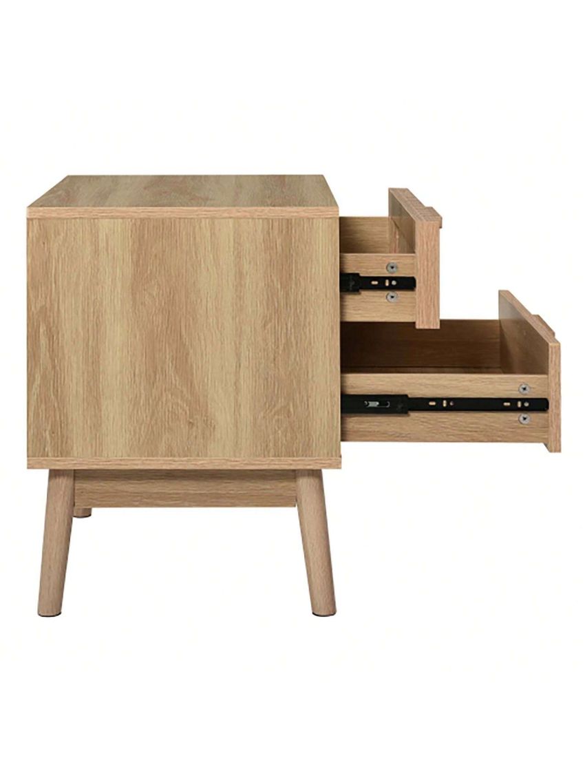 Particle Board 2-Drawer Nightstand with Rubber Wood Legs for Bedroom, Mid Century Modern Nightstand with Classic Desi