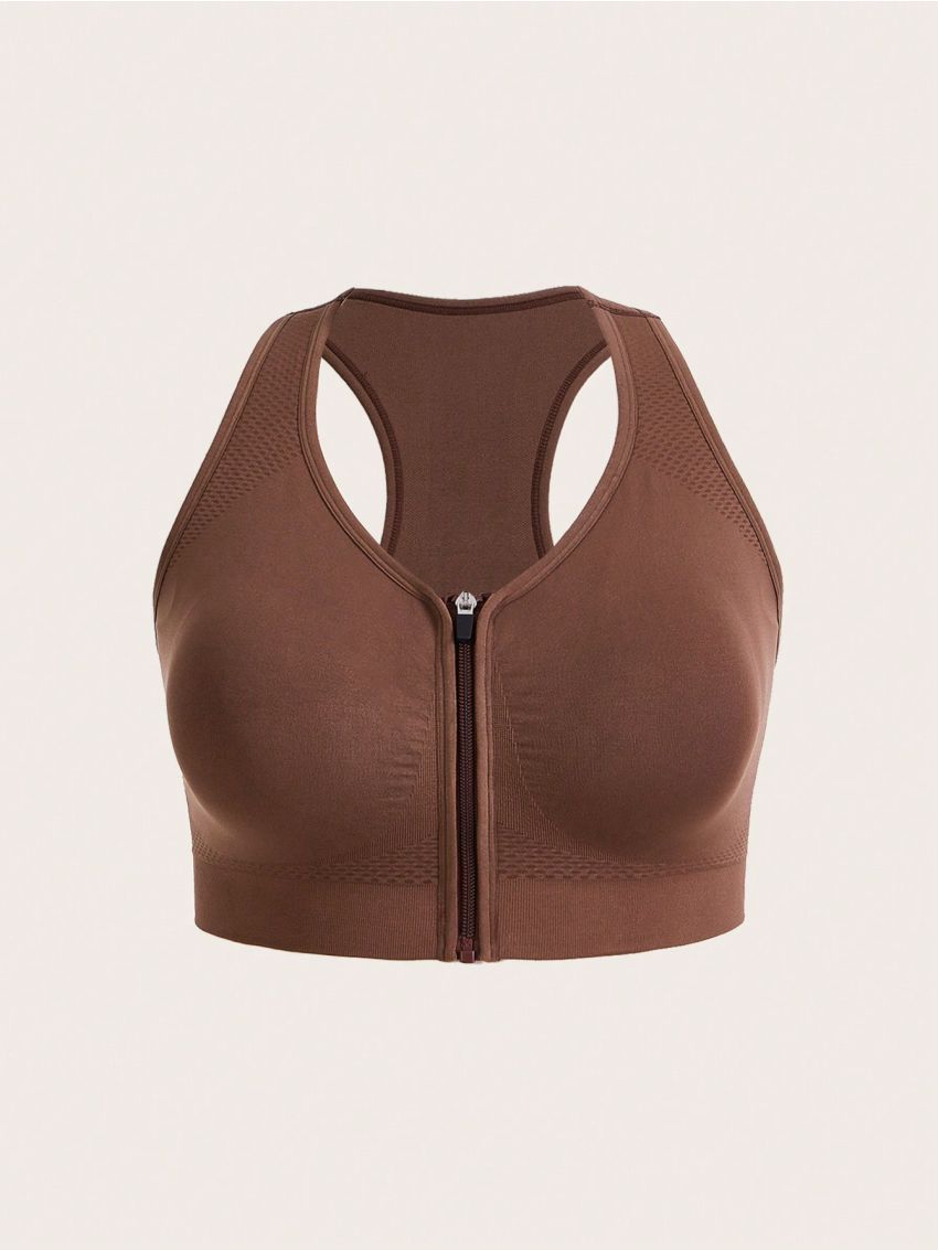 Yoga Basic Women'S Plus Size Sports Bra With Zipper, Racerback Design