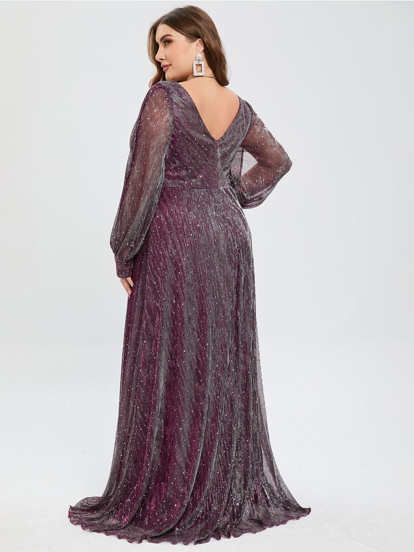 Plus Plunging Neck Lantern Sleeve Glitter Formal Dress
