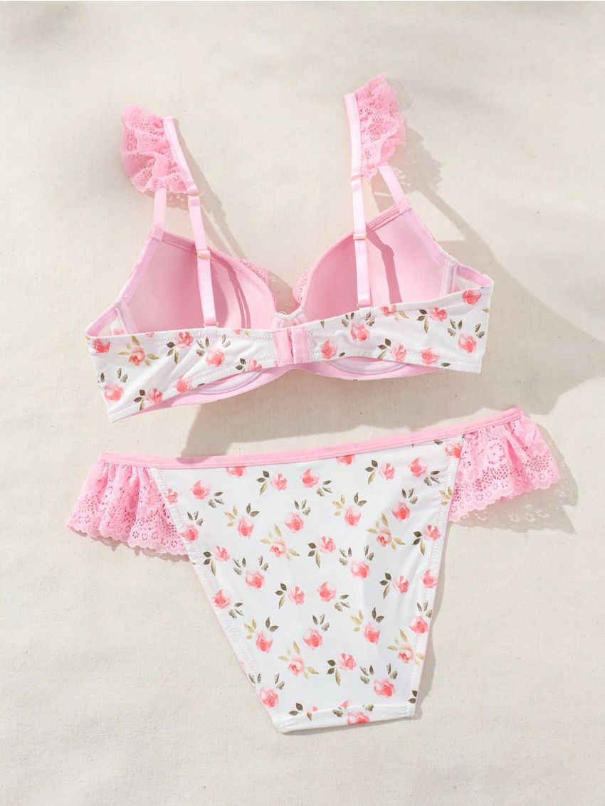 SHEIN Women's Floral Printed Patchwork Lace Underwear Set