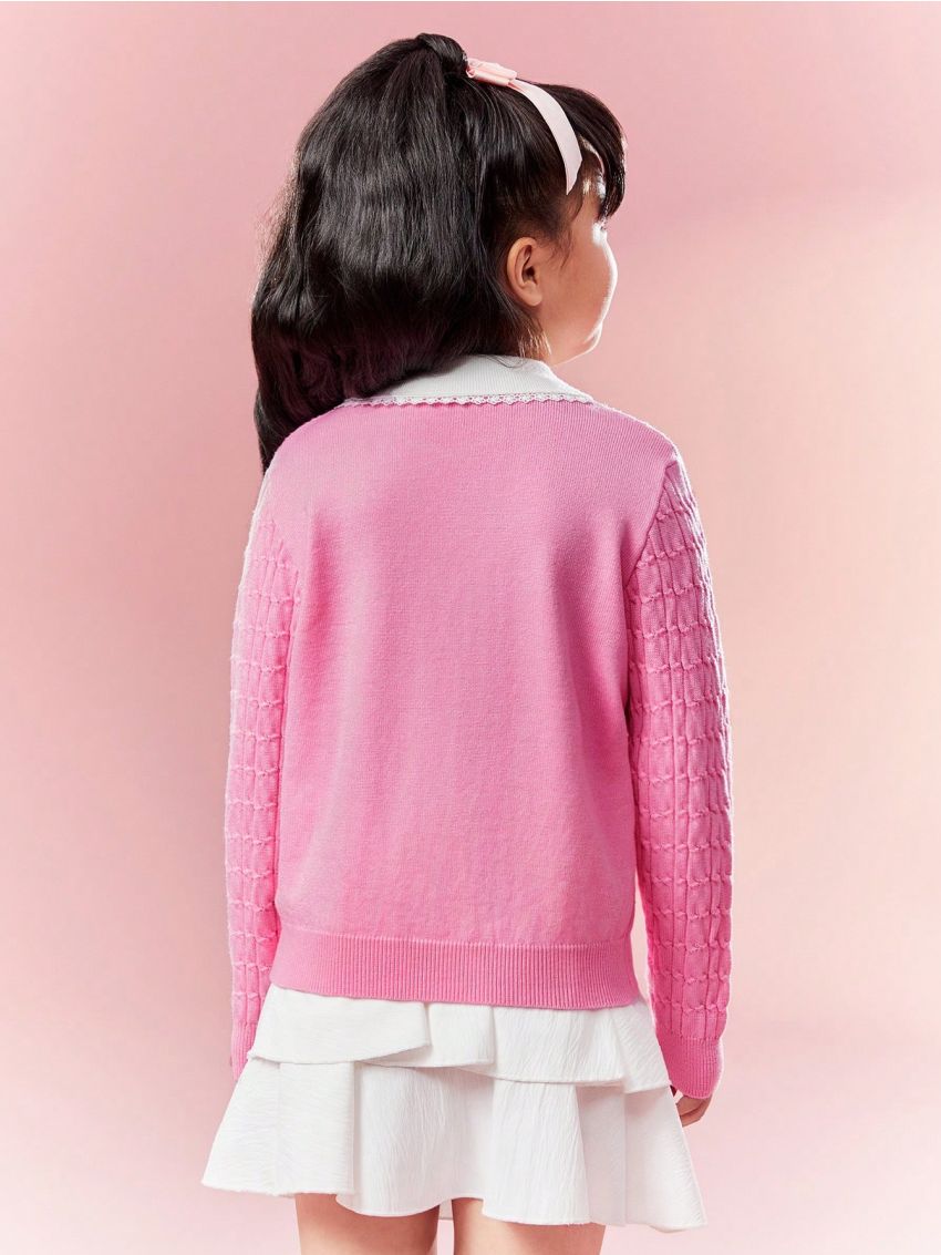 SHEIN X Cardcaptor Sakura Tween Girls Long Sleeve Sweater With Doll Collar, Heart & Patched Detail