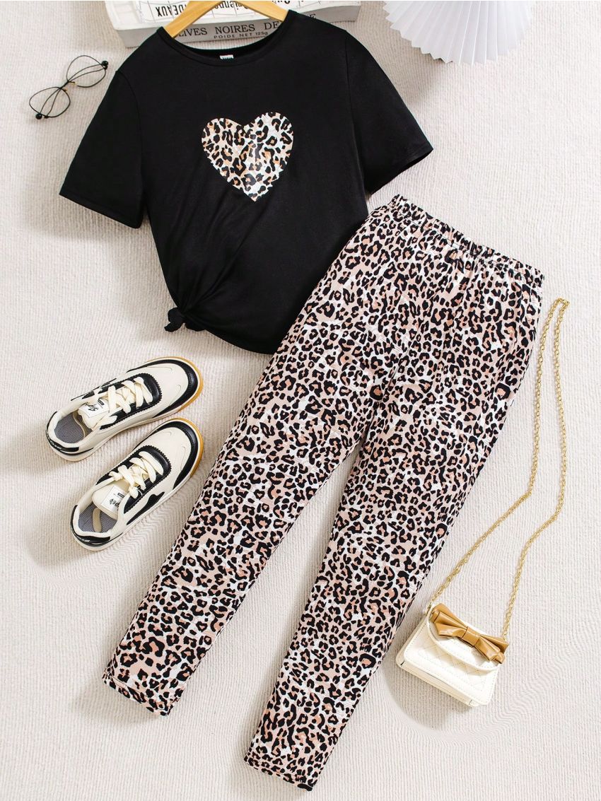 2pcs/Set Teen Girls' Leopard Print Heart Design Short Sleeve T-Shirt And Leggings