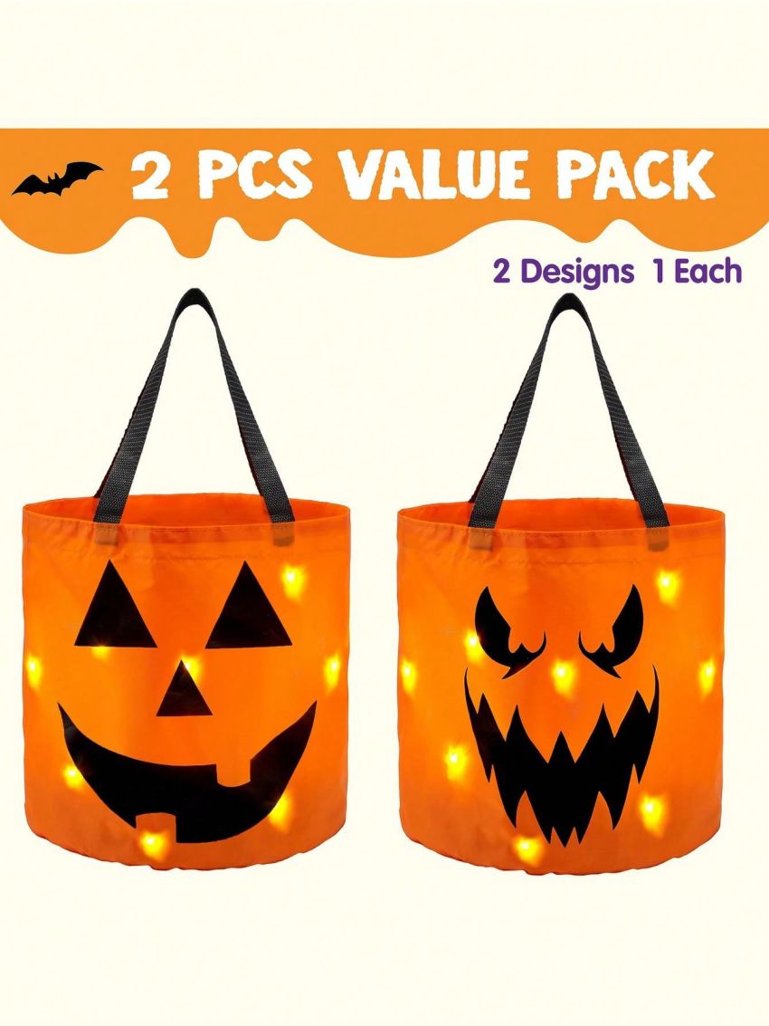 JOYIN 2 PCS Halloween Trick or Treat Bags LED Light Pumpkin Buckets Reusable Goody Bucket for Kids Halloween Birthday Party