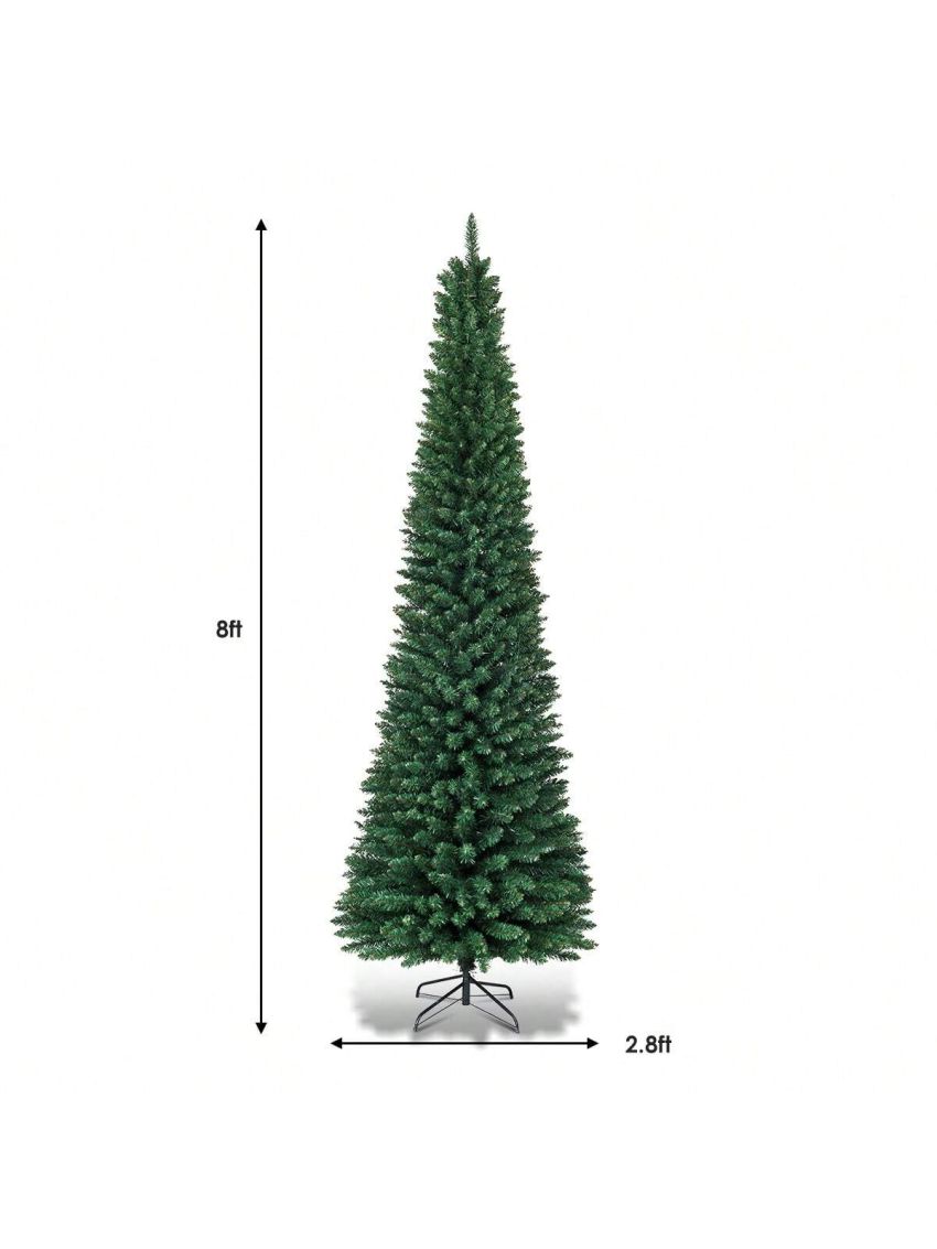 Gymax 8Ft PVC Artificial Pencil Christmas Tree Green Slim w/ Stand Home Holiday Decor
