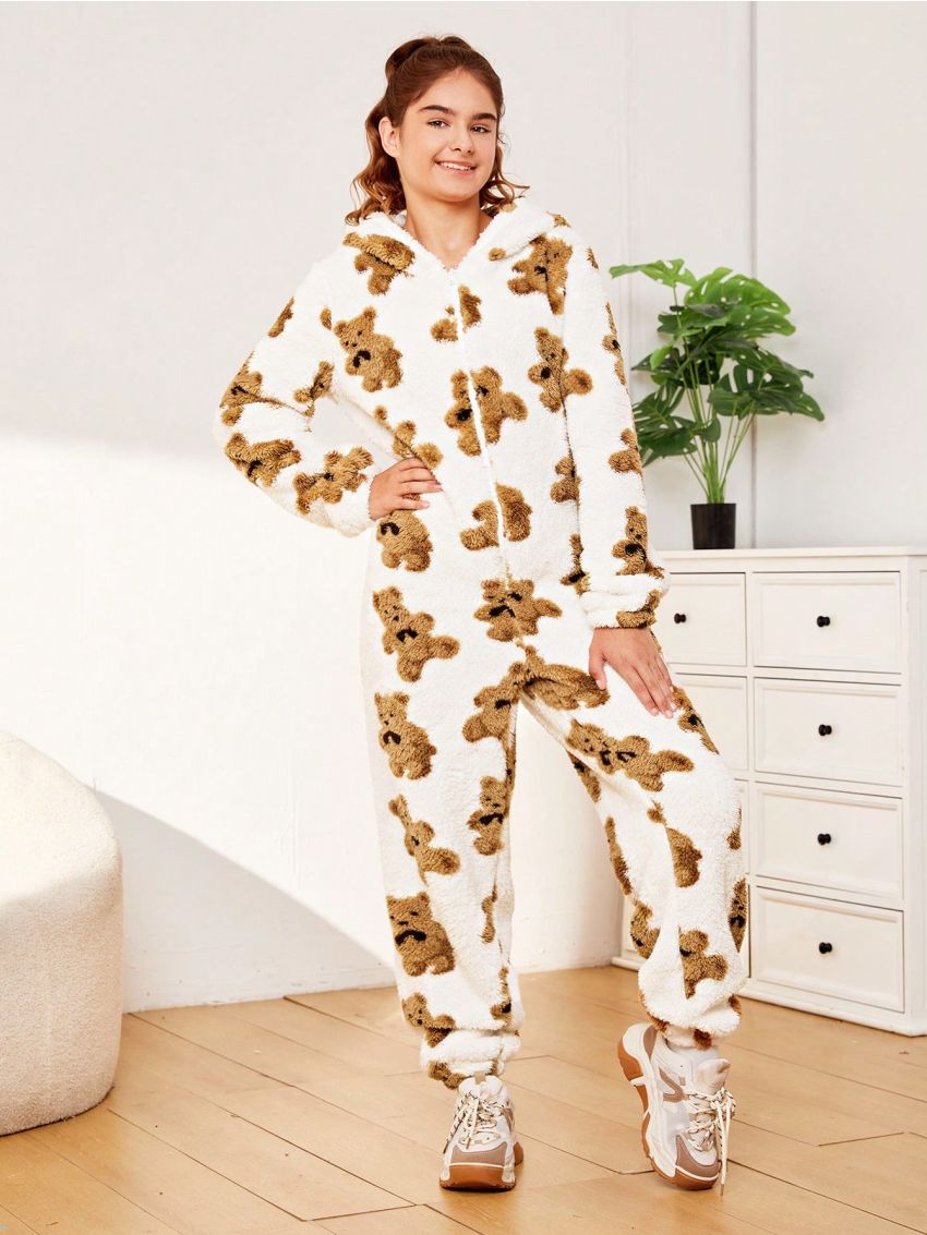 SHEIN Teen Girl Bear Pattern 3D Ear Design Hooded Flannel Jumpsuit