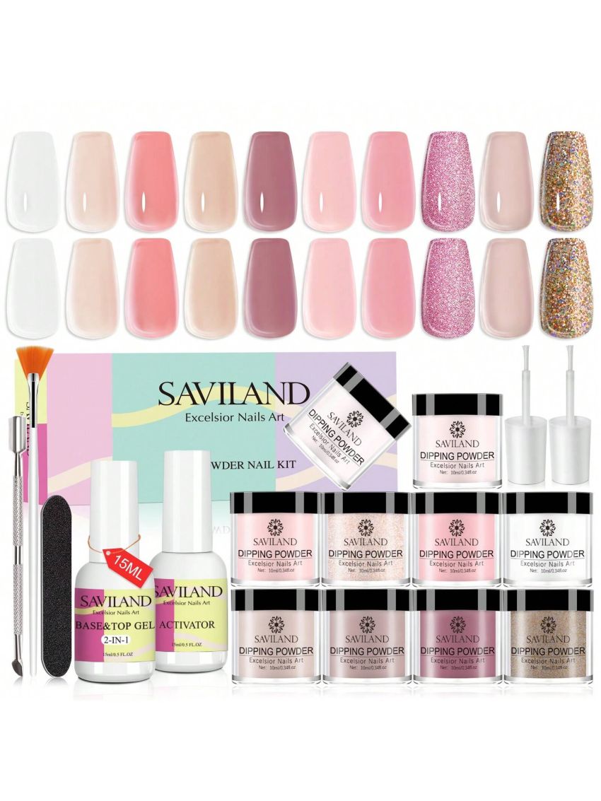 Saviland 17pcs Dip Powder Nail Kit - Nude Dip Powder Nail Kit Pink Ombre Colors Dip Nails Powder Starter Kit with 15ml 2-In-1 Base & Top Coat, Activator for Nail Repair, Salon Use, Home DIY, Gift for Ladies