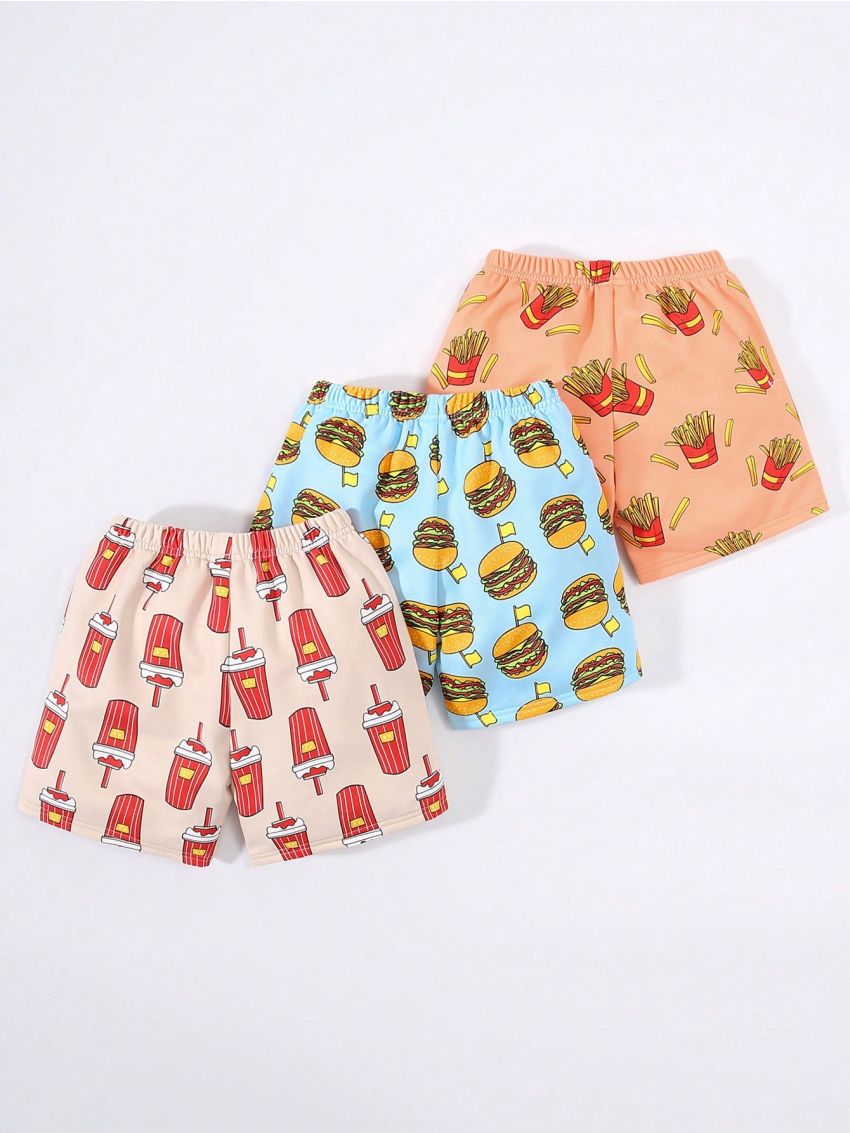 SHEIN Kids QTFun 3pcs/Set Toddler Boys' Breathable And Comfortable Shorts Printed With Hamburgers, Cola, And Fries Pattern For Spring And Summer